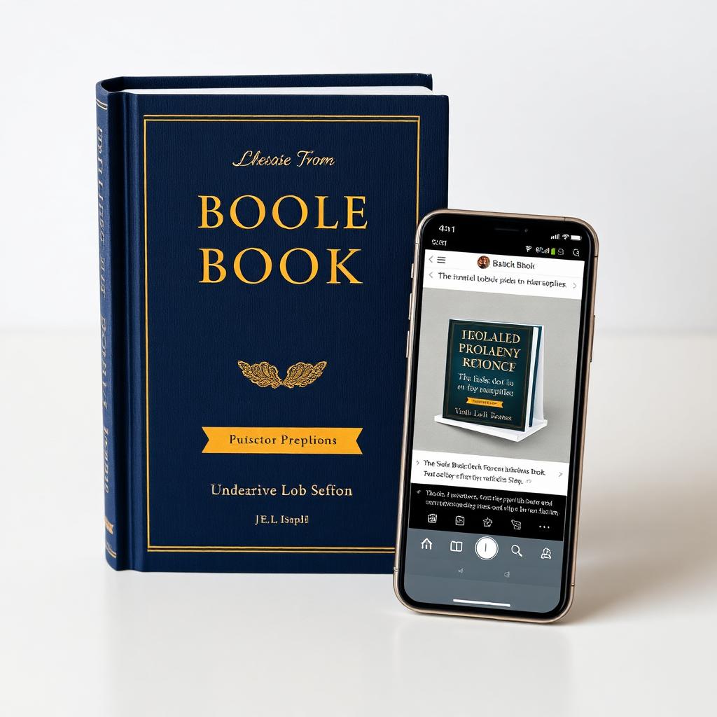Navy hardcover book beside a phone displaying a book promotion social media post